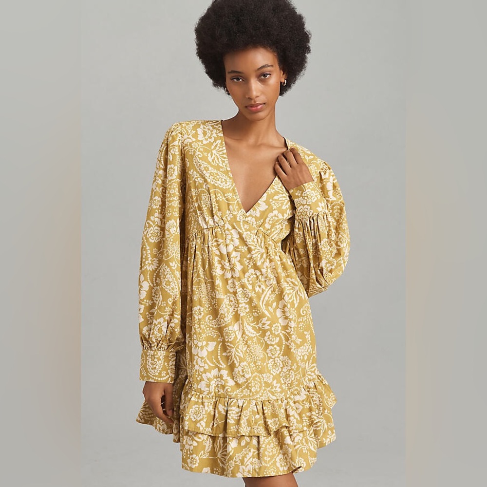 Maeve by Anthropologie Long-Sleeve V-Neck Ruffle Mini Dress